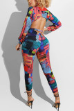 Fashion Sexy Print Hollowed Out V Neck Skinny Jumpsuits
