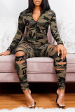 Fashion Casual Camouflage Print Ripped Zipper Collar Skinny Jumpsuits