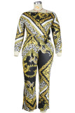 Casual Knitting Print Patchwork Oblique Collar Regular Plus Size Jumpsuits