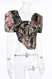 Street Patchwork Embroidered Square Collar Tops