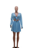 Fashion Casual Solid Hollowed Out V Neck Long Sleeve Dresses