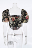 Street Patchwork Embroidered Square Collar Tops