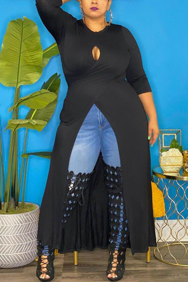 Sexy Solid Hollowed Out Slit O Neck Plus Size 