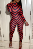 Casual Striped Patchwork Half A Turtleneck Skinny Jumpsuits