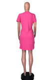 Fashion adult Street Pink Yellow Light Blue purple Cap Sleeve Short Sleeves O neck Pencil Dress Knee-Length Print Patchwork Leopard Pocket Dresses