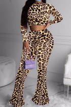 venetian Fashion Casual adult Ma'am Leopard Two Piece Suits Straight Long Sleeve Two Pieces