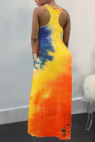 OL Orange Yellow rose red Sleeveless Slip A-Line Floor-Length Print Tie and dye Dresses