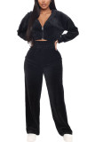 Casual Flocking Solid Pants Zipper Collar Long Sleeve Regular Sleeve Short Two Pieces