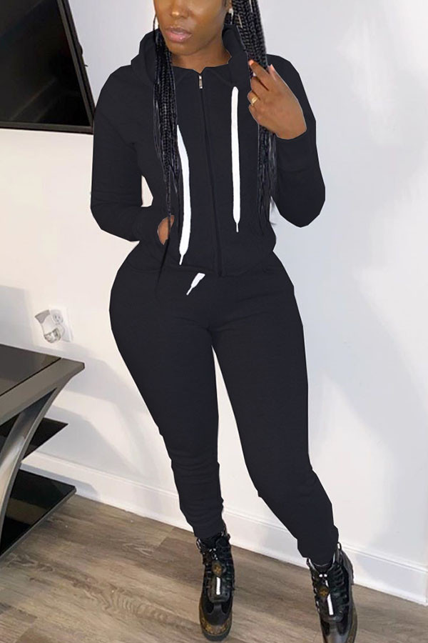 Fashion Casual Adult Solid Pocket Hooded Collar Long Sleeve Regular Sleeve Regular Two Pieces
