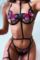 Fashion Sexy Halter Butterfly Print Underwear Three-piece Set