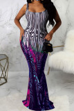 Fashion Sexy adult Ma'am Spaghetti Strap Sleeveless Slip Step Skirt Floor-Length Print Dresses