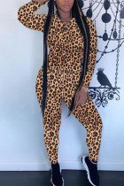 Milk Silk Fashion Casual adult Ma'am Leopard Two Piece Suits pencil Long Sleeve Two Pieces