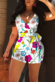 Casual Print Patchwork Backless Regular Rompers