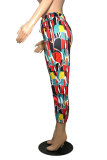 Multi-color Drawstring Sleeveless Mid Patchwork Print Straight Capris Bottoms