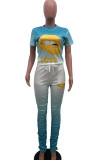 Fashion Active adult Ma'am Letter Gradient Two Piece Suits Lips Print Boot Cut Short Sleeve Two Pieces