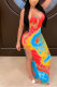 Fashion Sexy adult Blue Pink purple Spaghetti Strap Sleeveless V Neck Asymmetrical Ankle-Length Print Patchwork bandage split Tie and dye Dresses