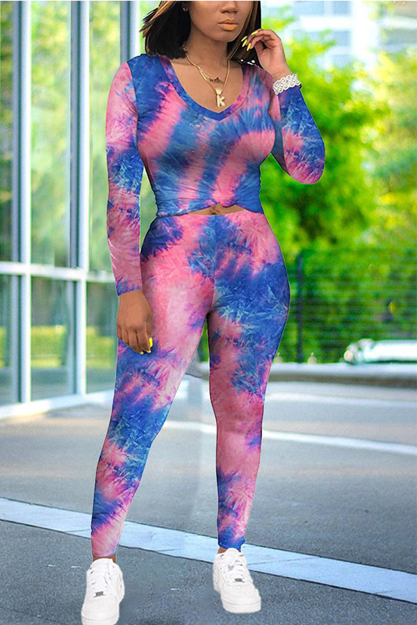 Sexy Casual PVC Patchwork Print Patchwork Tie-dye V Neck Plus Size 