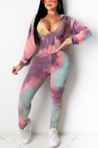 Fashion Casual Long Sleeve V Neck Regular Sleeve Short Print Tie Dye Two Pieces
