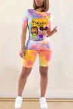 Fashion Active Patchwork Print Tie Dye Two Piece Suits Straight Short Sleeve Two Pieces