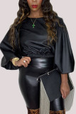 Fashion British Style Adult Faux Leather Solid Pullovers O Neck Tops