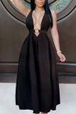 Sexy Black Spaghetti Strap Sleeveless V Neck Swagger Floor-Length Solid Dresses