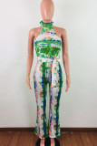 Fashion Sexy Print Tie-dyed Backless Sleeveless O Neck Jumpsuits