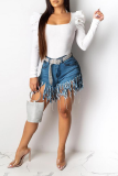 Denim Button Fly Sleeveless Mid Solid Old Patchwork Tassel washing Straight shorts