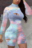 Fashion Light Tie-dyed Burn-out Long Sleeve O Neck Rompers