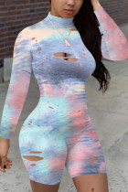 Fashion Light Tie-dyed Burn-out Long Sleeve O Neck Rompers
