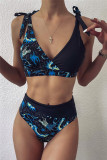Fashion Sexy V Neck Patchwork Print Swimwears