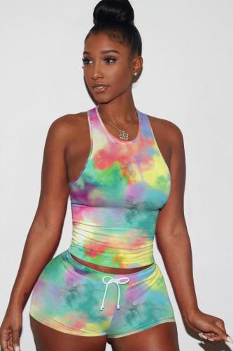 Fashion Sexy adult Patchwork Print Character Tie Dye Two Piece Suits Straight Sleeveless Two Pieces