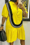 Fashion Casual Regular Sleeve Short Sleeve Shirt Collar Shirt Dress Knee Length Patchwork Dresses
