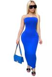 Fashion Sexy adult White Blue Light Blue Off The Shoulder Sleeveless Wrapped chest Step Skirt Ankle-Length Patchwork Solid backless Dresses