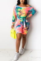 Fashion street Tie-dyed Milk. Long Sleeve one word collar Rompers