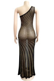 Sexy Europe and America One Shoulder Sleeveless one shoulder collar Asymmetrical Ankle-Length split diamonds Dresses