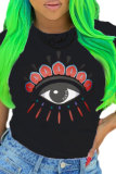Red Black O Neck Short Sleeve Letter Patchwork Print Slim fit Lips Print Eyes Printed Tops