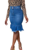 Blue Denim Button Fly Sleeveless High Patchwork Solid Hip skirt Capris Bottoms