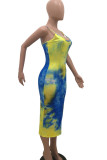 Fashion Sexy adult Red Blue Off The Shoulder Sleeveless Slip Pencil Dress Mid-Calf Print Patchwork backless Tie and dye Dresses