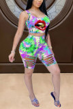 Fashion Casual adult Patchwork Print Tie Dye Burn-out Two Piece Suits Lips Print pencil Sleeveless Two Pieces