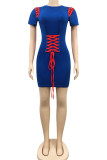 Casual Solid Pierced Patchwork Frenulum With Belt O Neck Pencil Skirt Dresses
