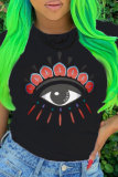 Red Black O Neck Short Sleeve Letter Patchwork Print Slim fit Lips Print Eyes Printed Tops