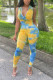 Fashion street Print Patchwork Tie-dyed Sleeveless Turndown Collar Jumpsuits