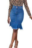 Blue Denim Button Fly Sleeveless High Patchwork Solid Hip skirt Capris Bottoms