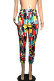 Multi-color Drawstring Sleeveless Mid Patchwork Print Straight Capris Bottoms