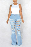 Fashion Casual Regular Solid High Waist Broken Hole Jeans