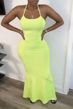 Sexy Orange rose red Shallow yellow Spaghetti Strap Sleeveless Slip Mermaid Ankle-Length Solid Dresses