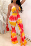 Fashion Sexy Print Patchwork bandage Tie-dyed Hollow Sleeveless Hanging neck Jumpsuits