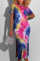 Europe and America Short Sleeves O neck Pencil Dress Ankle-Length Print Tie and dye Dresses