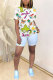 White Blue Orange Yellow colour O Neck Short Sleeve Patchwork Print Character Tops