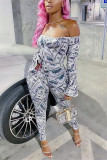 Fashion Sexy Long Sleeve Bateau Neck Off The Shoulder Regular Print Two Pieces